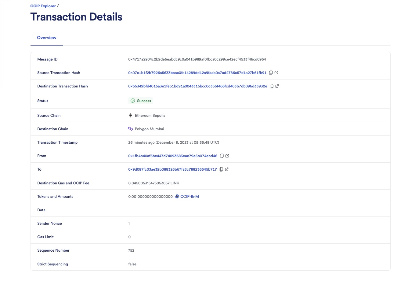 Chainlink CCIP Explorer transaction details success